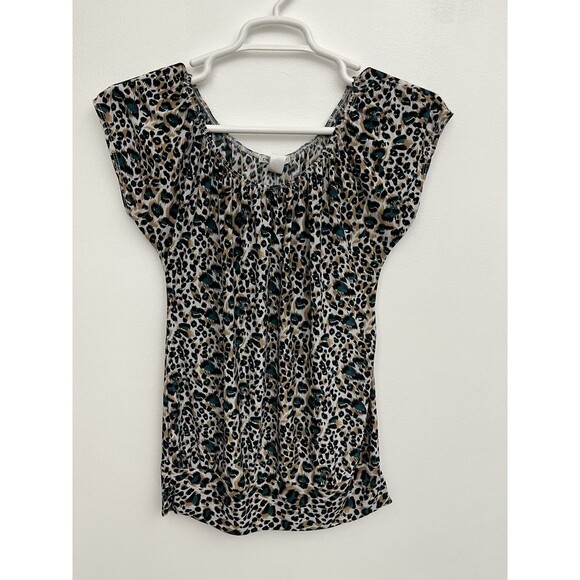 Emily Stacy Women’s Top Blouse Animal Print Cap Sleeve Round Neck Size L - Picture 1 of 7